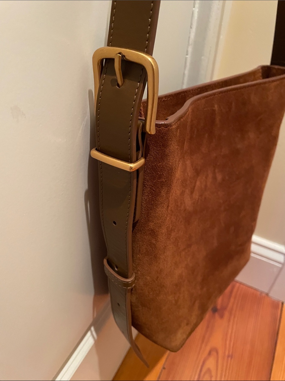 Quince Italian Suede Crossbody Bucket Bag in Whiskey Brown - Picture 2 of 14